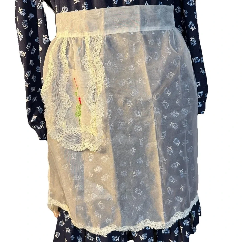 Vintage Cottagecore Apron Set Crochet Lace Embroidered Rose Sheer Hostess